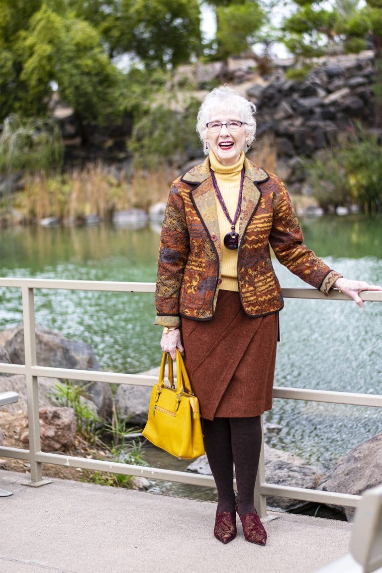 rust floral blazer and skirt set for women over 50