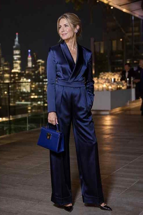 navy satin evening blazer outfit for women over 50