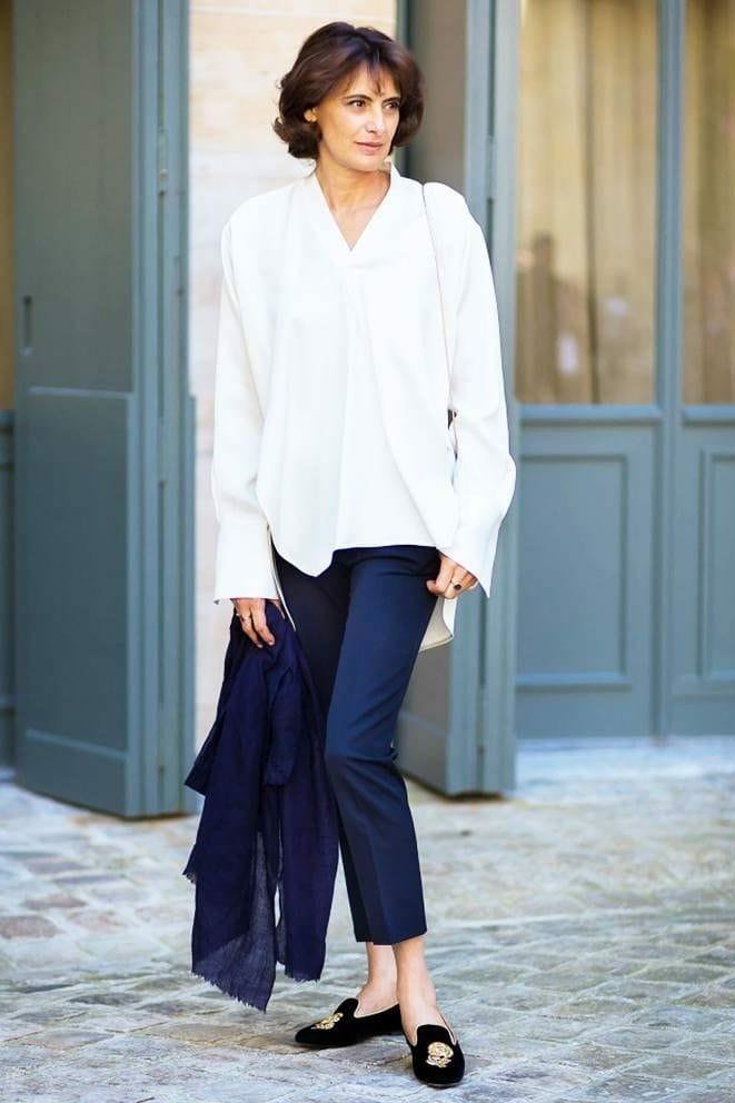 white shirt and navy trousers blazer-ready outfit for women over 50