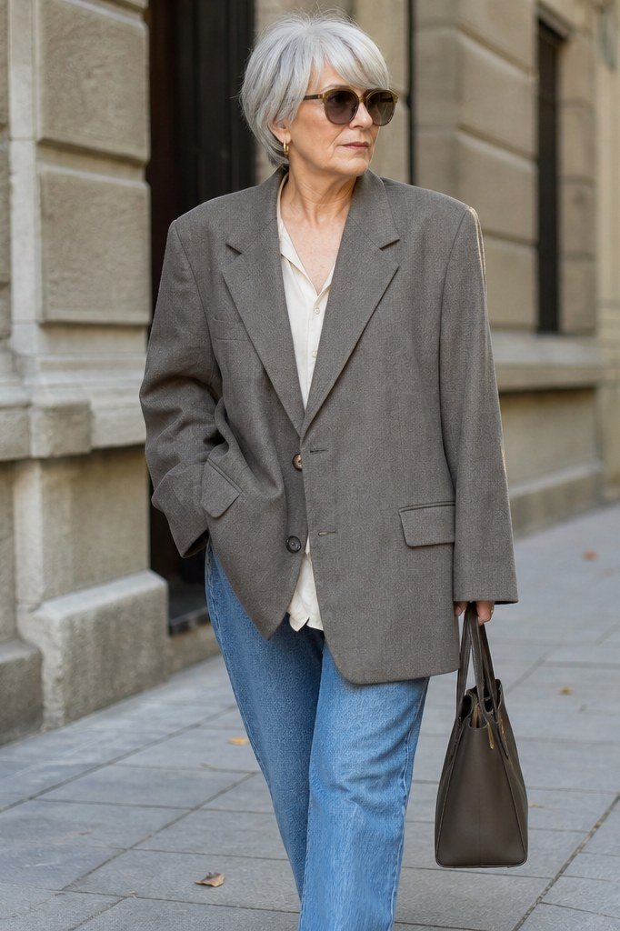 gray blazer with blue jeans outfit for women over 50 street style