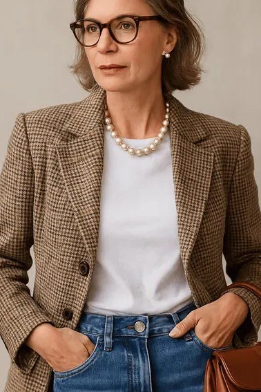 brown plaid blazer with jeans outfit for women over 50
