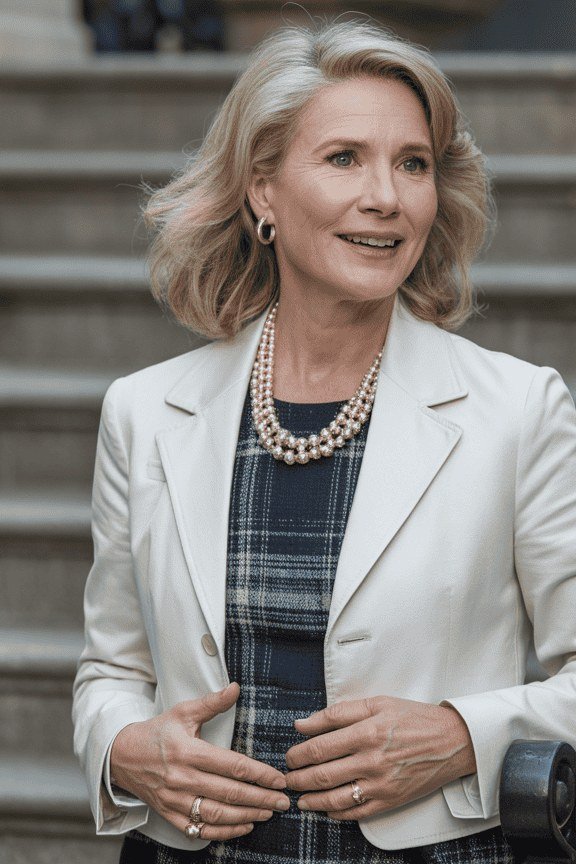 white blazer over plaid dress with pearls for women over 50