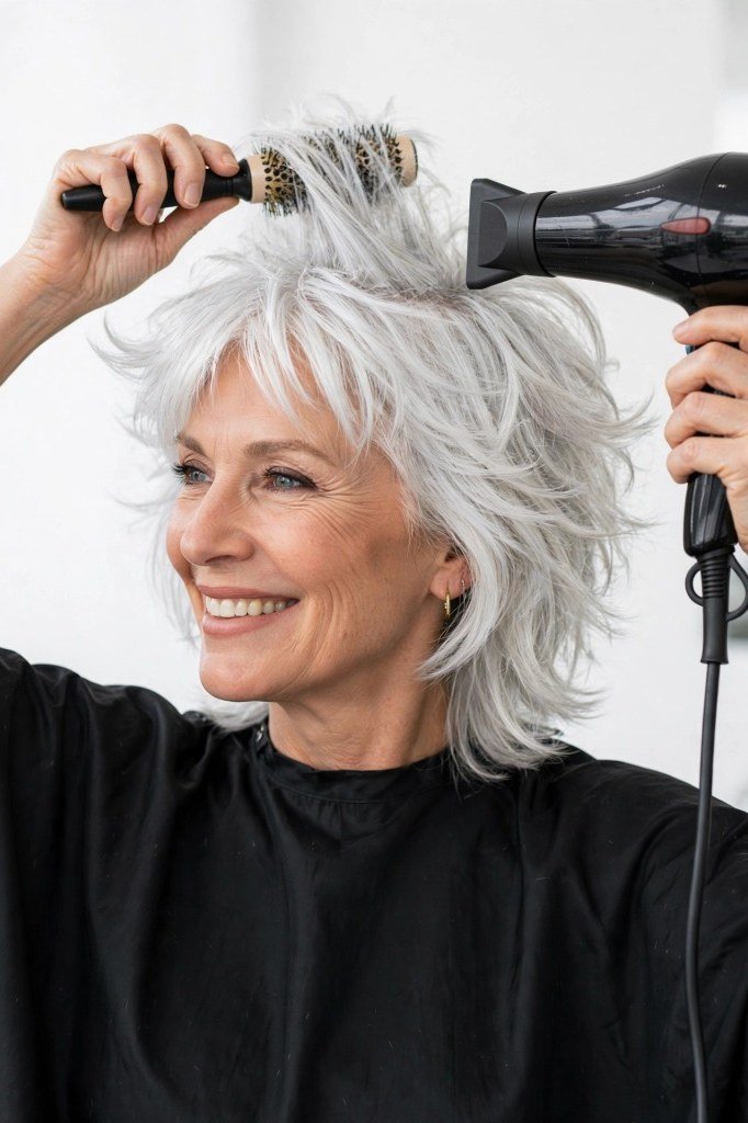 Silver At-Home Blowout - shoulder-length blowout hairstyle for women over 60