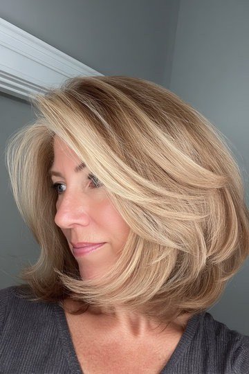 Blonde Smooth Blowout Lob - shoulder-length blowout hairstyle for women over 60