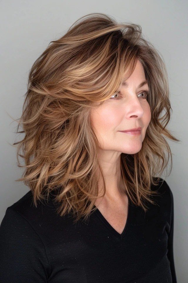 Brunette Bouncy Blowout Waves - shoulder-length blowout hairstyle for women over 60