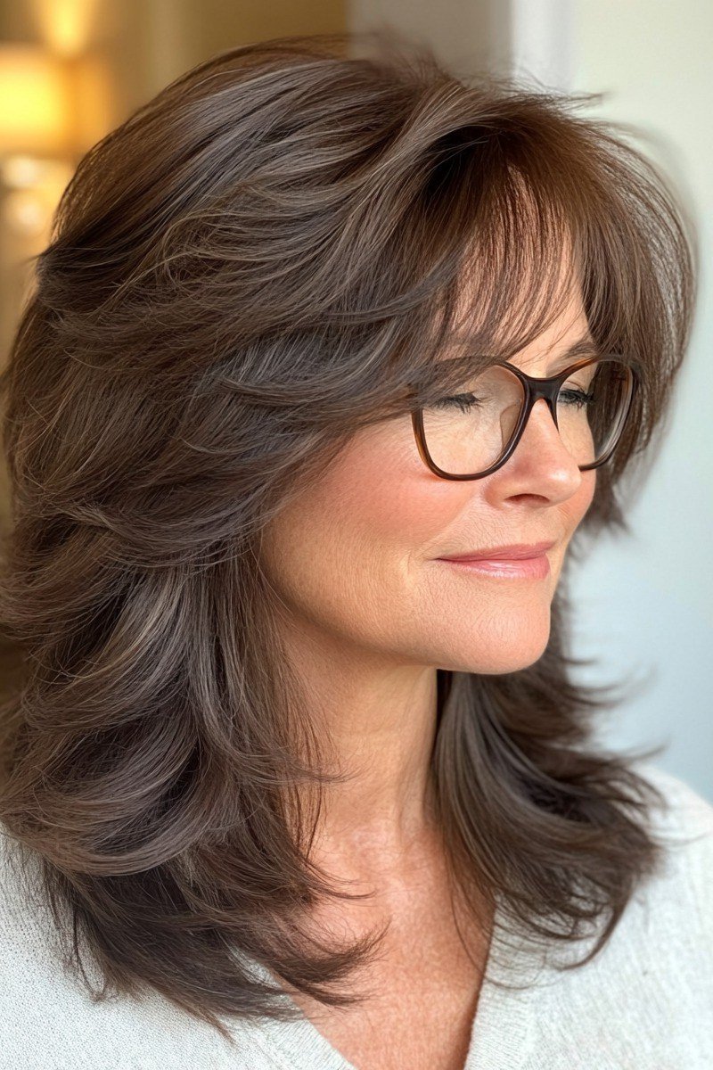 Brunette Layered Blowout with Glasses - shoulder-length blowout hairstyle for women over 60