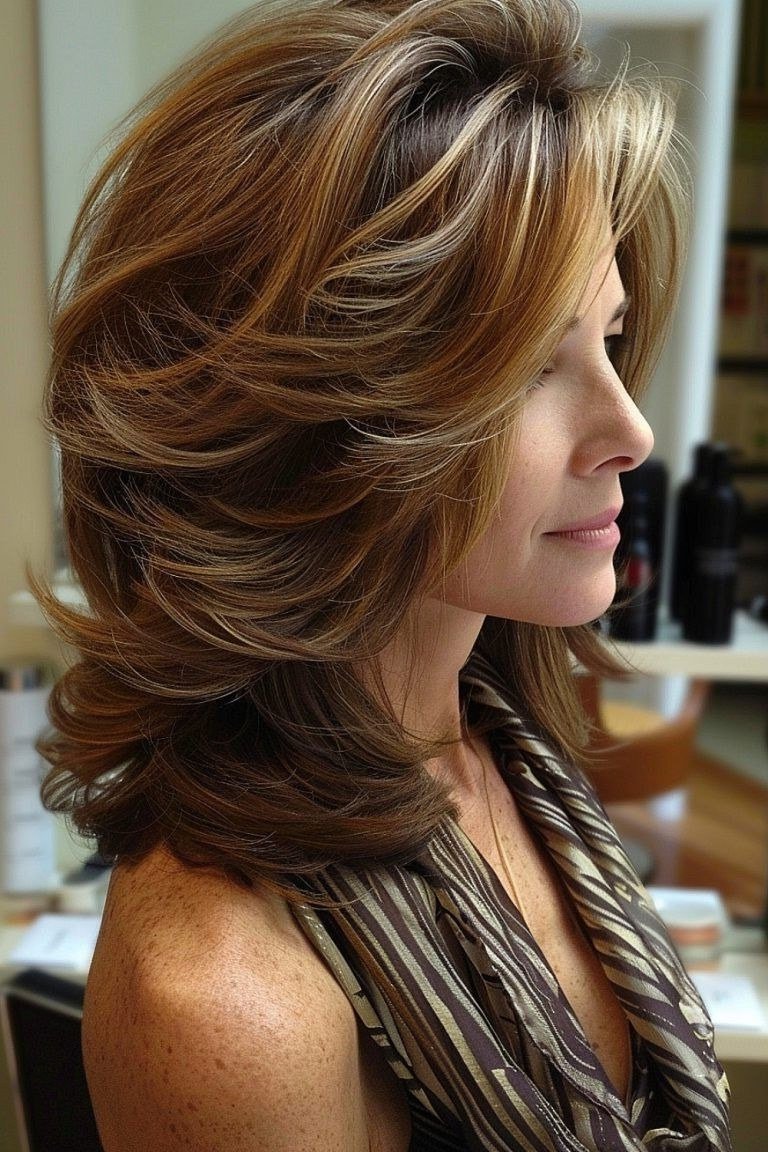 Caramel Layered Blowout with Volume - shoulder-length blowout hairstyle for women over 60