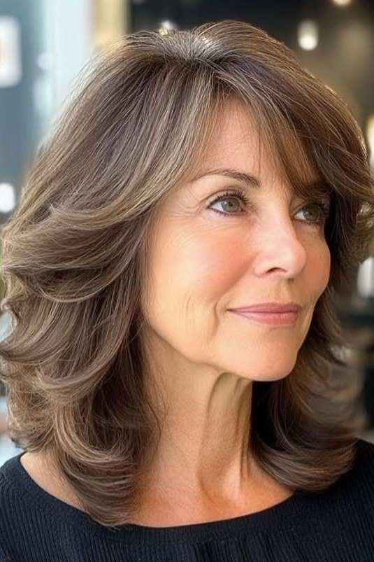 Brunette Blowout with Full Bangs - shoulder-length blowout hairstyle for women over 60