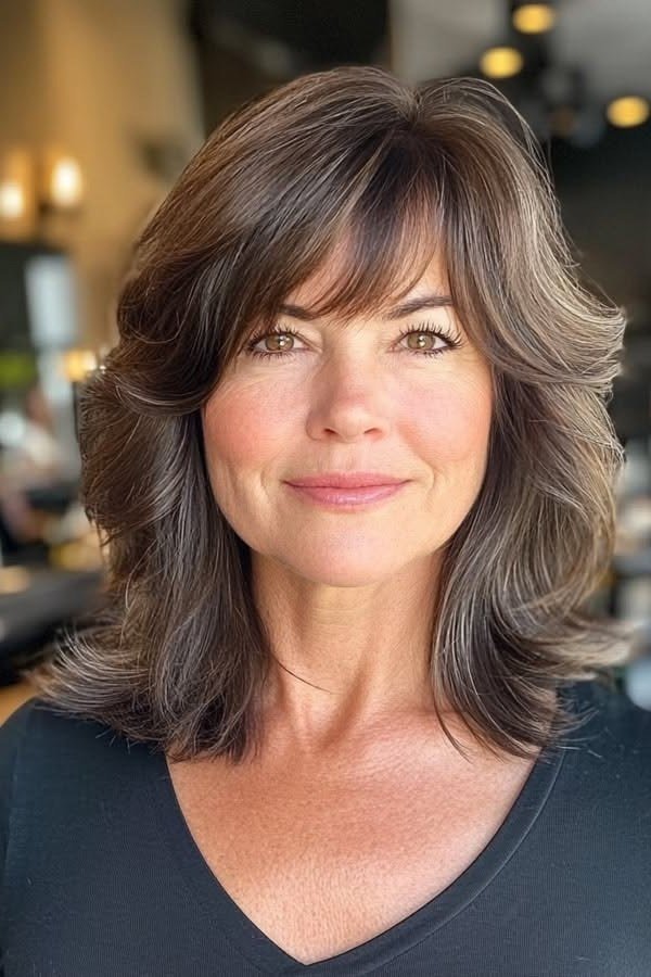 Brunette Blowout with Curtain Bangs - shoulder-length blowout hairstyle for women over 60