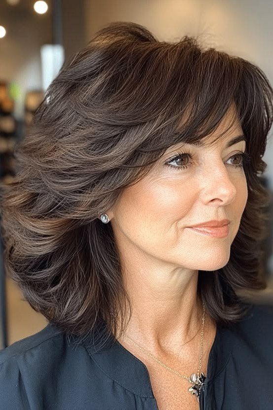 Dark Brown Big Blowout - shoulder-length blowout hairstyle for women over 60