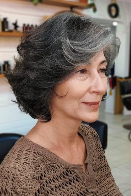 Salt-and-Pepper Blowout Bob - shoulder-length blowout hairstyle for women over 60