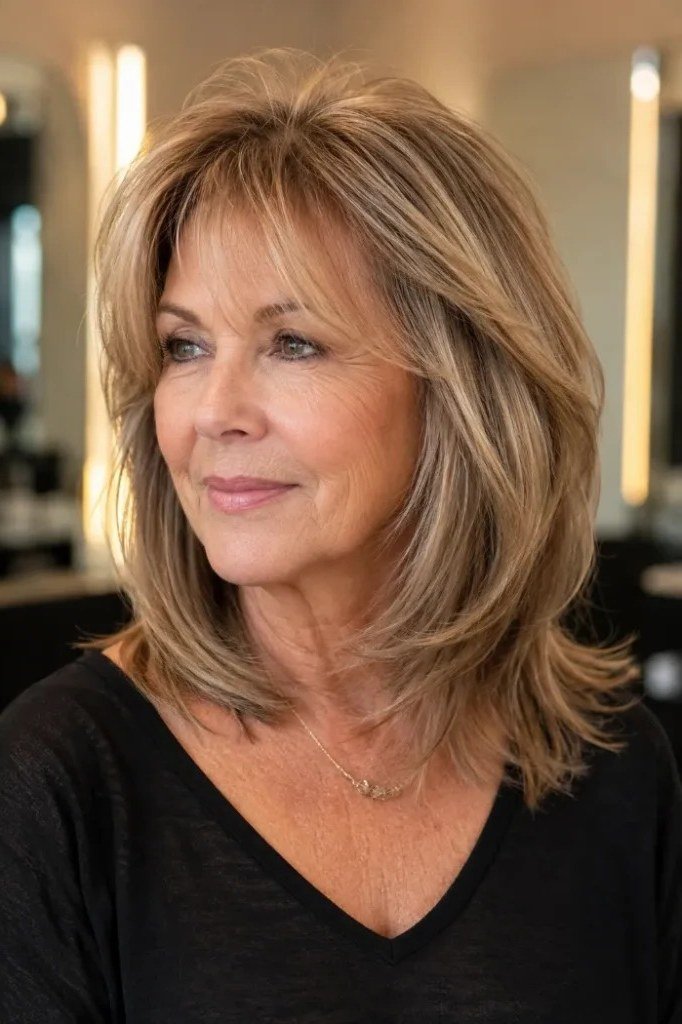 Blonde Smooth Medium Blowout - shoulder-length blowout hairstyle for women over 60