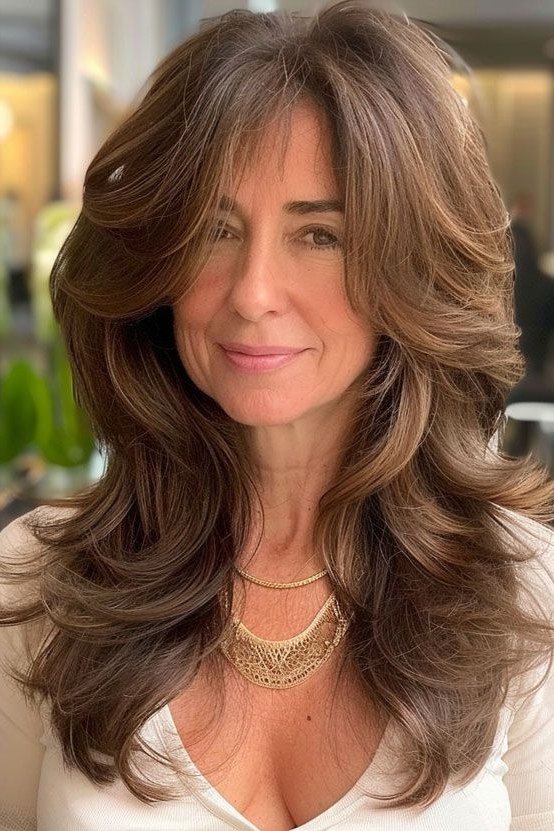 Brunette Long Blowout with Volume - shoulder-length blowout hairstyle for women over 60