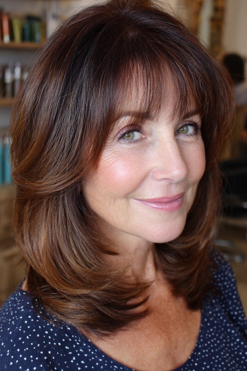 Brunette Blowout with Bangs - shoulder-length blowout hairstyle for women over 60