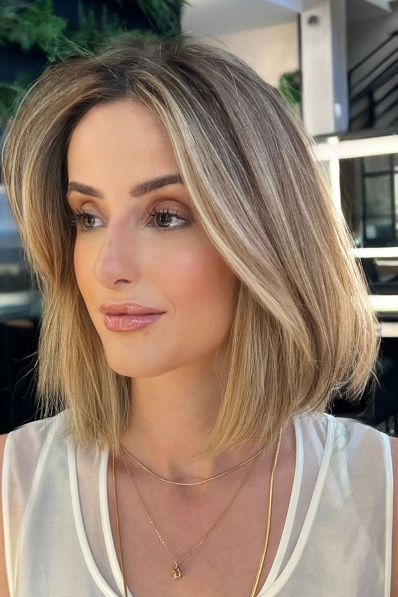 Blonde Smooth Blowout Lob - shoulder-length blowout hairstyle for women over 60