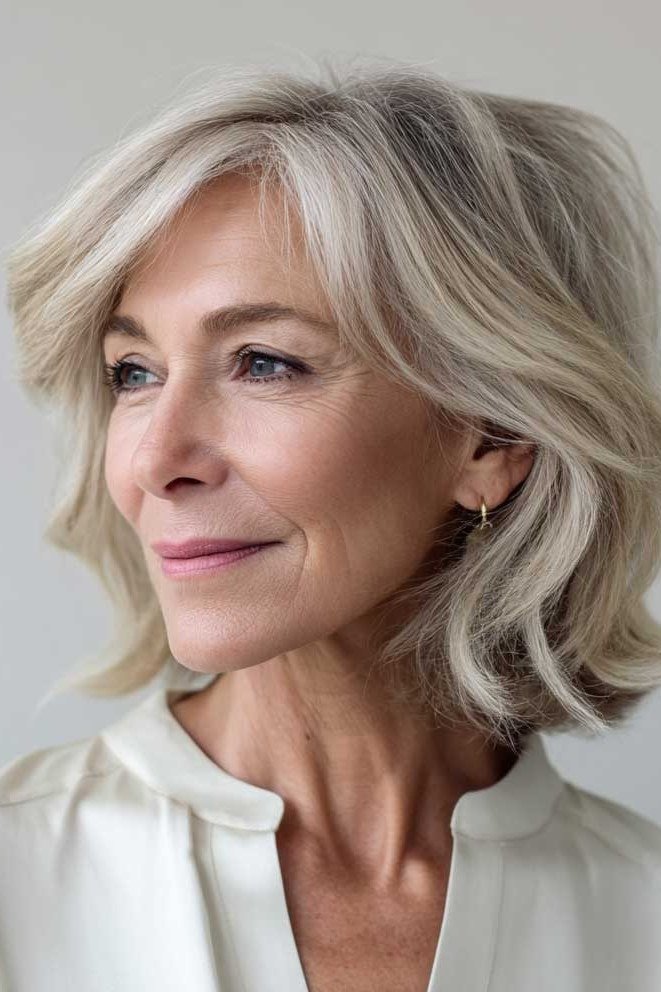 Silver Blowout Lob - shoulder-length blowout hairstyle for women over 60