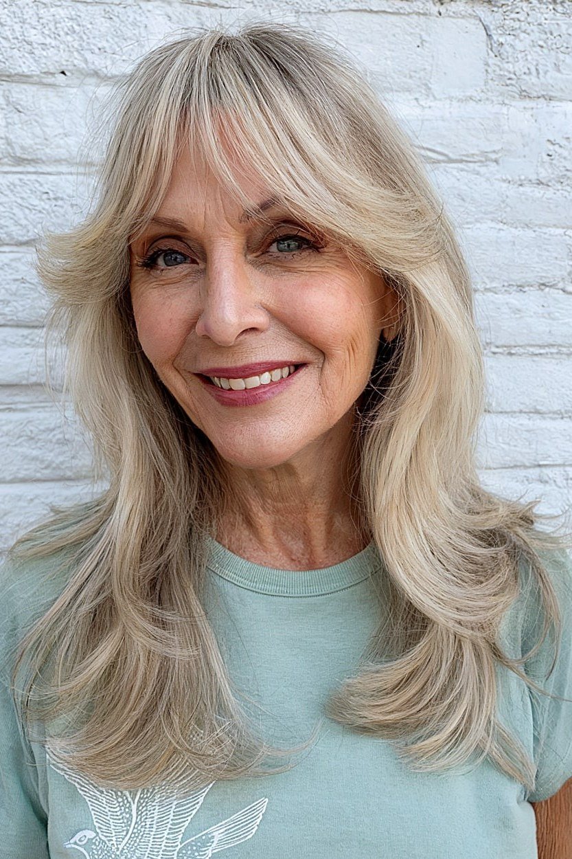 Blonde Long-Layer Blowout - shoulder-length blowout hairstyle for women over 60