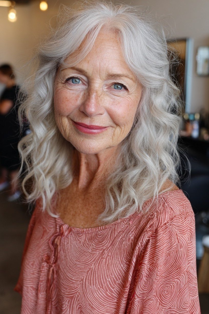 Silver Curly Blowout - shoulder-length blowout hairstyle for women over 60