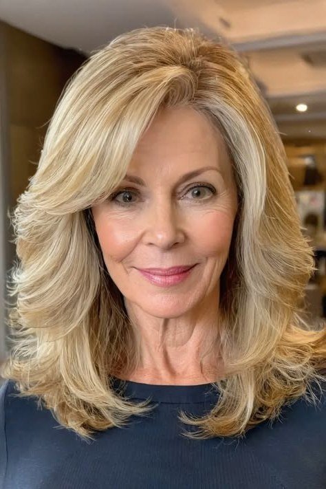 Golden Blonde Wavy Blowout - shoulder-length blowout hairstyle for women over 60