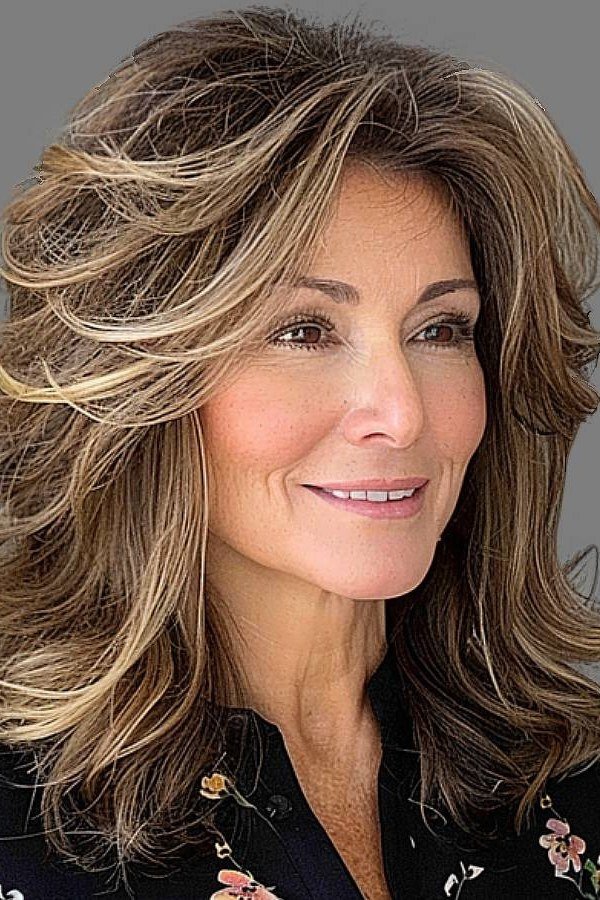 Highlighted Brunette Layered Blowout - shoulder-length blowout hairstyle for women over 60