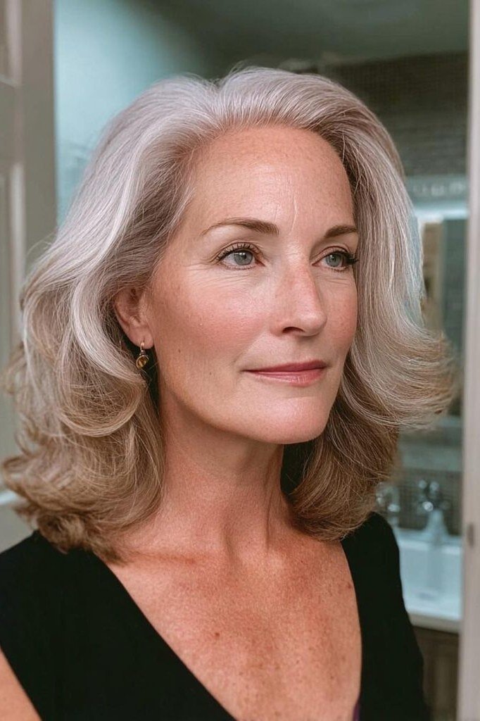 Sleek Silver Layered Blowout - shoulder-length blowout hairstyle for women over 60