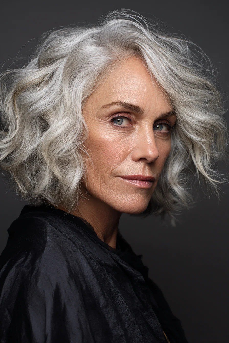Bright Silver Wavy Blowout - shoulder-length blowout hairstyle for women over 60