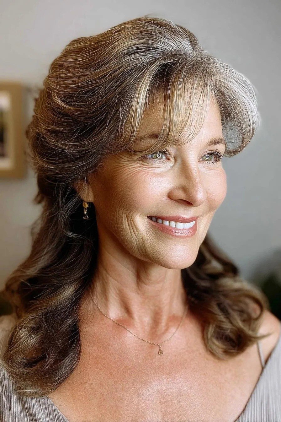 Brunette Voluminous Waves - shoulder-length blowout hairstyle for women over 60