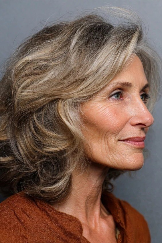 Salt-and-Pepper Layered Blowout - shoulder-length blowout hairstyle for women over 60