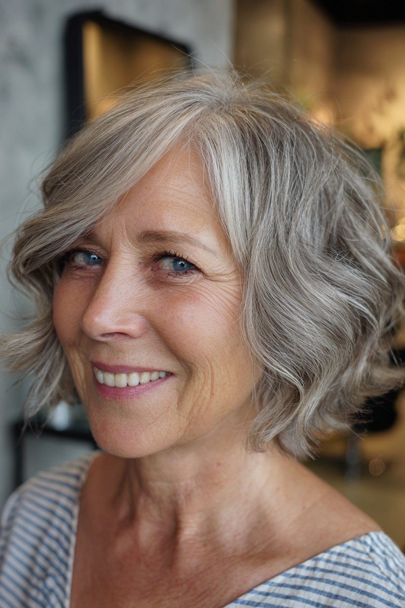 Silver-Grey Layered Blowout - shoulder-length blowout hairstyle for women over 60