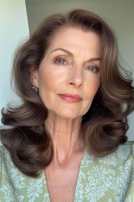 Rich Brunette Wavy Blowout - shoulder-length blowout hairstyle for women over 60