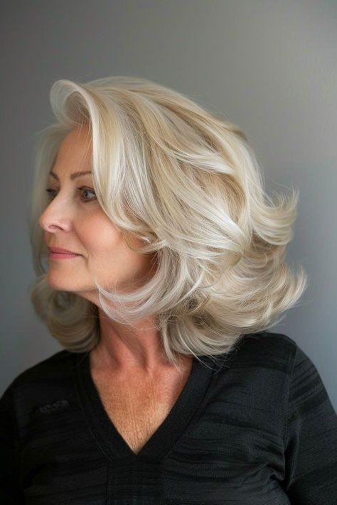 White-Blonde Layered Blowout - shoulder-length blowout hairstyle for women over 60