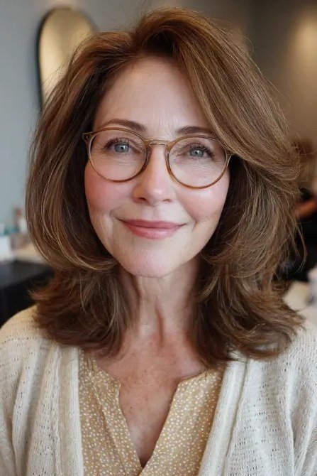 Brunette Waves with Glasses - shoulder-length blowout hairstyle for women over 60