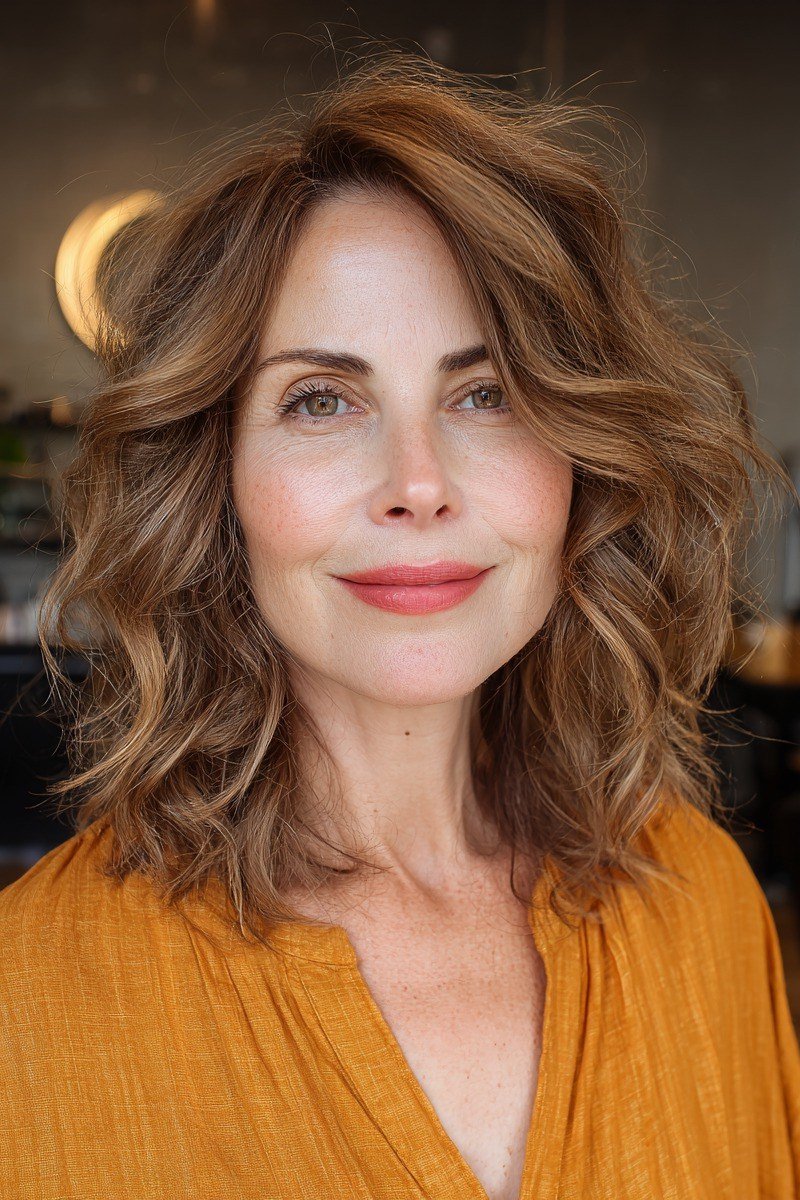 Copper Wavy Glow - shoulder-length blowout hairstyle for women over 60