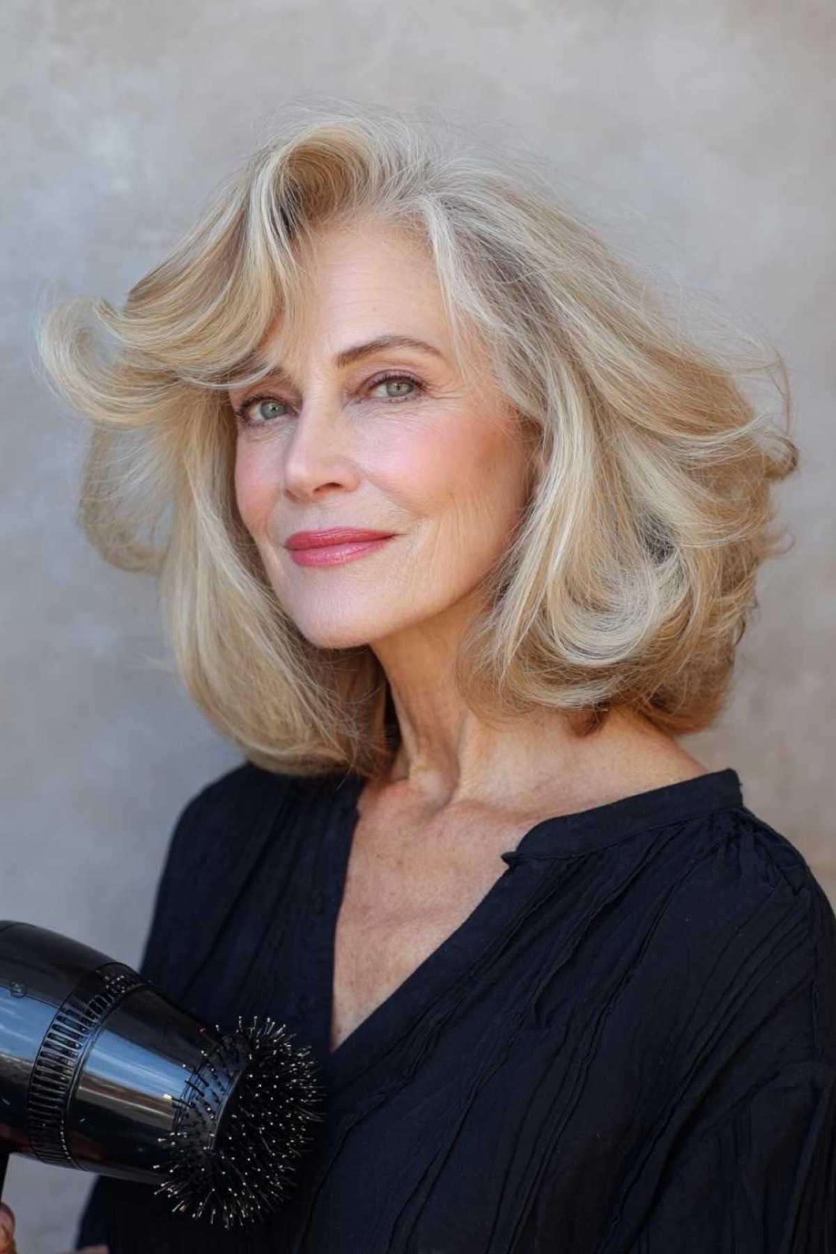 Bouncy Blowout Styling Moment - shoulder-length blowout hairstyle for women over 60