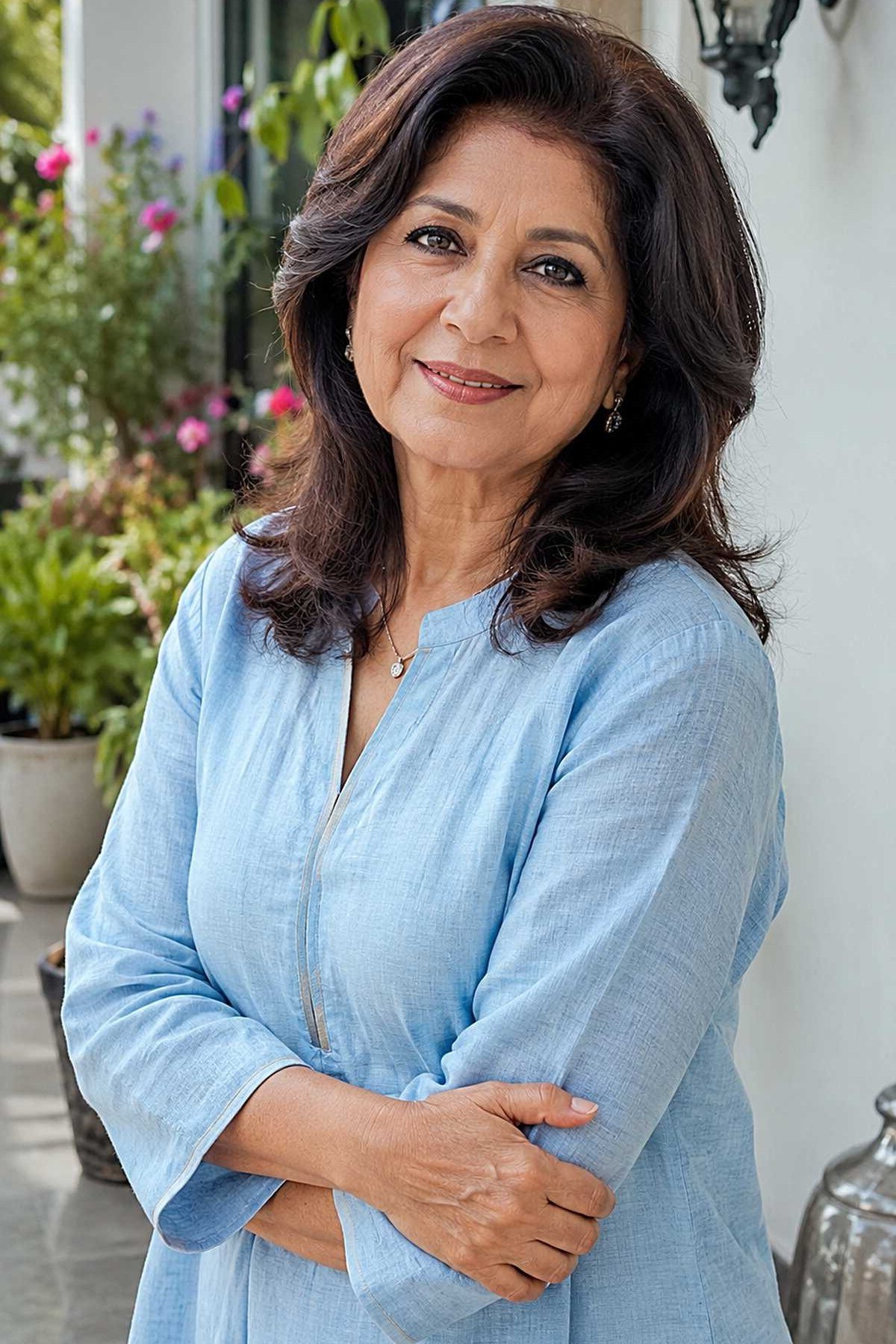 Sunlit Brunette Waves - shoulder-length blowout hairstyle for women over 60