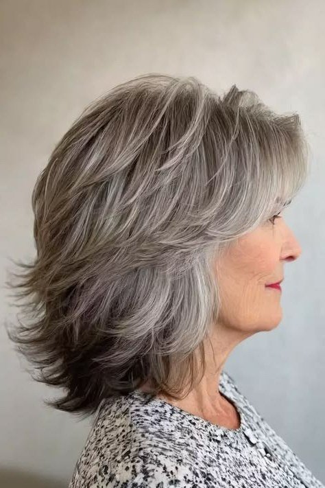 Grey Wavy Side Profile - shoulder-length blowout hairstyle for women over 60