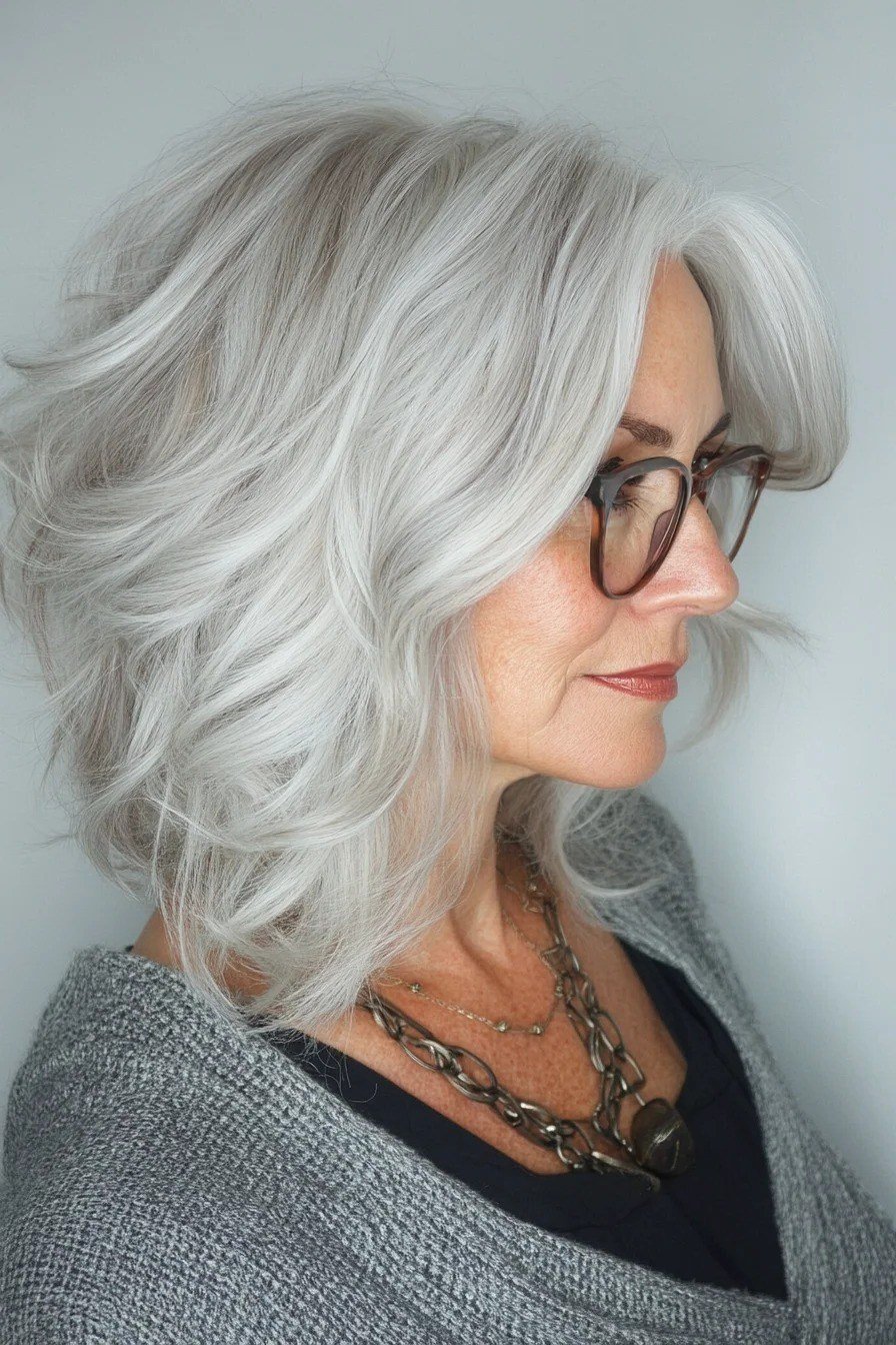 White Waves with Glasses, Side View - shoulder-length blowout hairstyle for women over 60