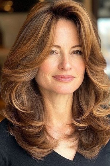Copper Wavy Blowout - shoulder-length blowout hairstyle for women over 60