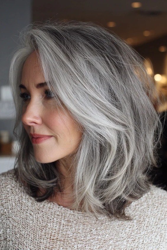 Silver Wavy Side Profile - shoulder-length blowout hairstyle for women over 60