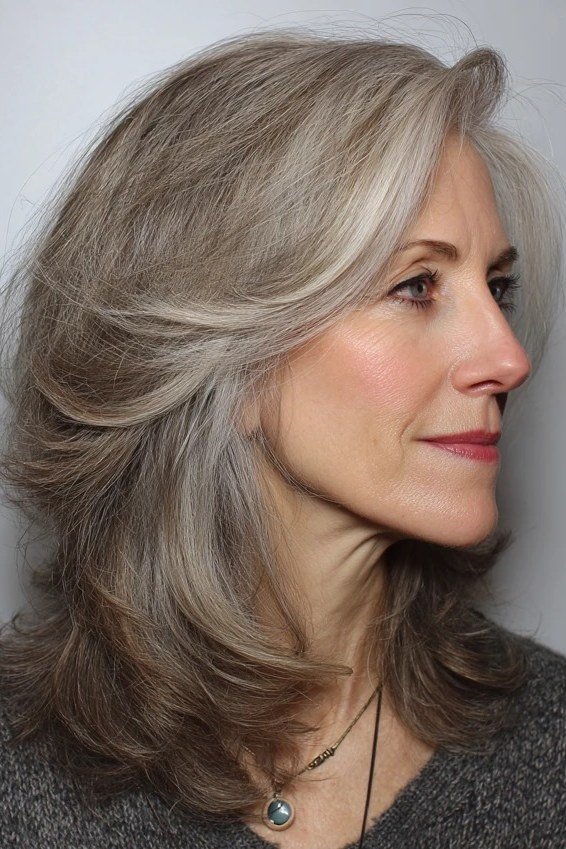 Grey Layered Blowout - shoulder-length blowout hairstyle for women over 60