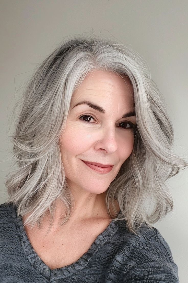 Silver Smooth Wavy Blowout - shoulder-length blowout hairstyle for women over 60