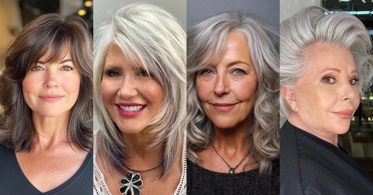 Collage of four shoulder-length blowout hairstyles for women over 60 - featured image