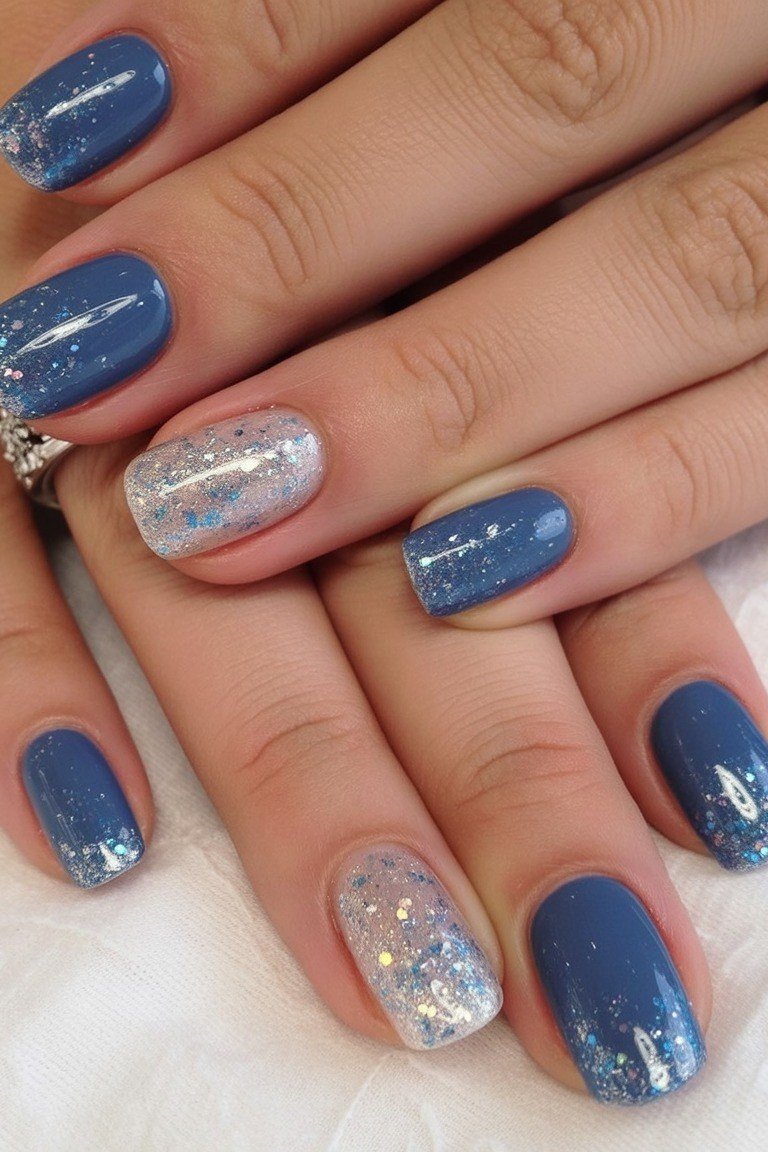 Navy nails with silver glitter accents for women over 50
