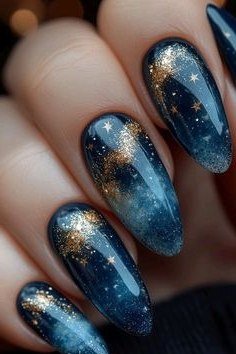 Navy and gold galaxy glitter nails for women over 50