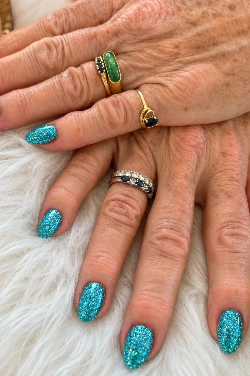 Navy white and gold ornate nail art on mature hands for women over 50
