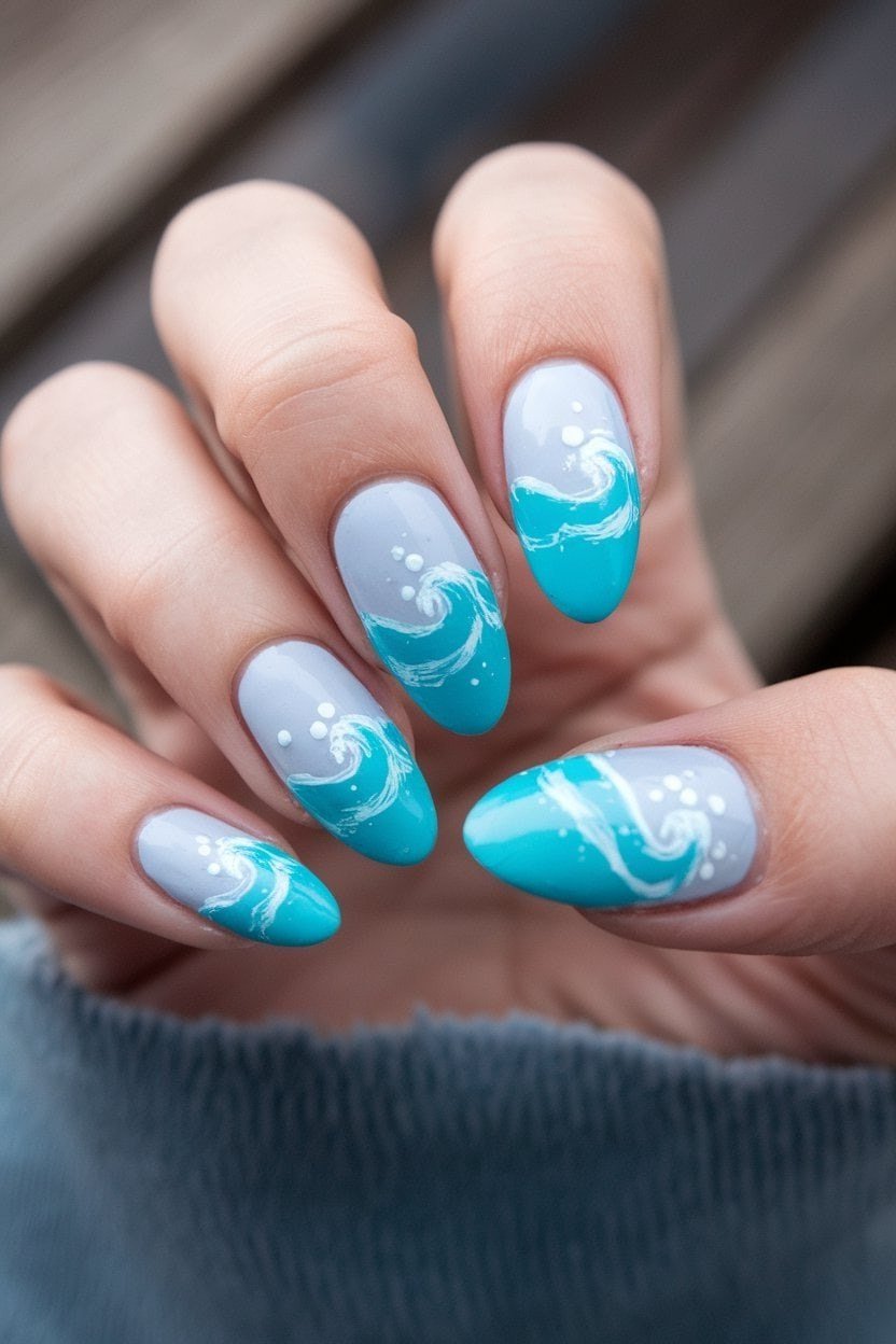 Turquoise ocean wave nail art for women over 50