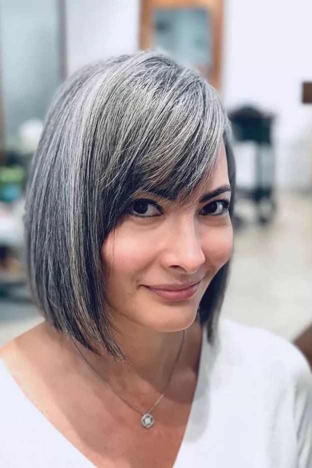 Dark Gray Blunt Bob with Soft Bangs - blunt bob haircut for women over 60