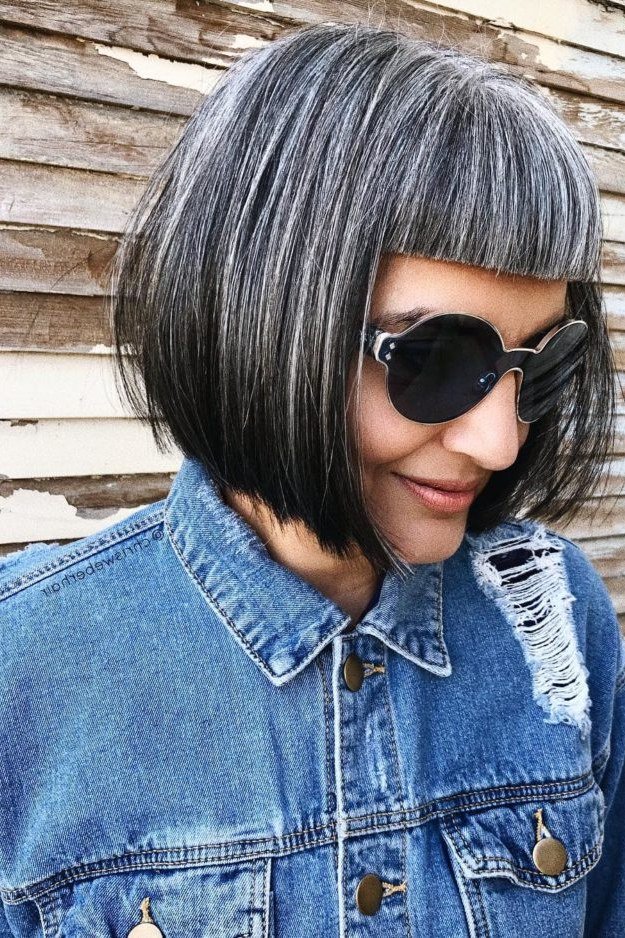 Gray Blunt Bob with Bangs and Sunglasses - blunt bob haircut for women over 60