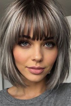 Gray Blunt Bob with Wispy Bangs - blunt bob haircut for women over 60