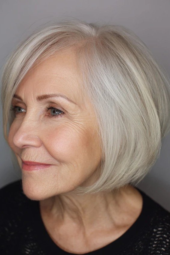 White Chin-Length Blunt Bob - blunt bob haircut for women over 60